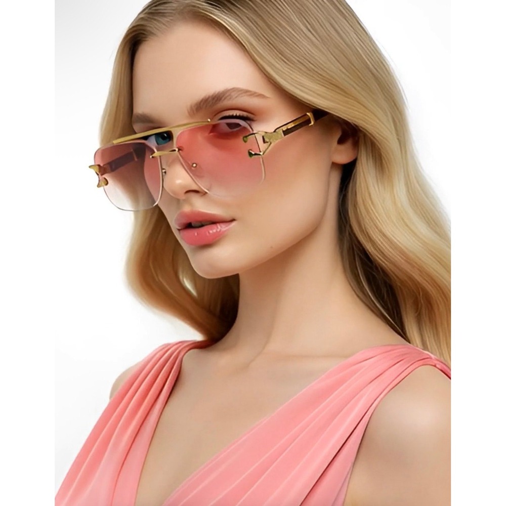 Pink Gradient Rimlessβ Square Women Sunglasses Gold Panther Wood Grain Temples